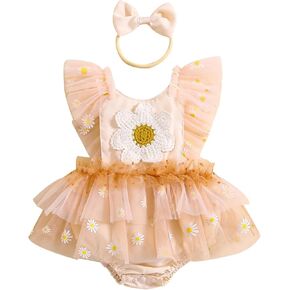 Douhoow Infant Baby Girl Summer Clothes Baby Girl Romper Dress Fly Sleeve Tulle Baby Dress Baby Romper with Headband