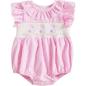 St Patricks Day Baby Girl Outfit Newborn Smocked Bubble Romper Clover Embroidery Plaid Bodysuit Cute Summer Clothes