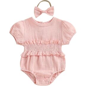 Cotton Linen Bubble Romper Baby Girls Summer Clothes Newborn Smocked Baby Girl Clothes Short Sleeve Bodysuit
