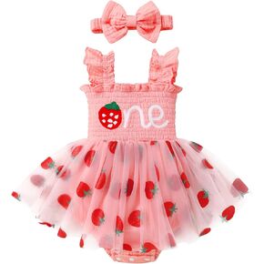 Baby Girl Sleeveless 1st Birthday Romper Dress Cake Smash Tulle Bodysuit One Year Old Strawberry Outfit with Headband