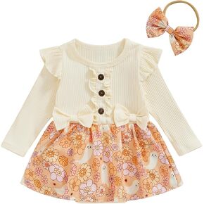 Baby Girl Thanksgiving Outfit Newborn Outfit Ribbed Ruffle Romper Dress and Headband Cute Fall Clothes