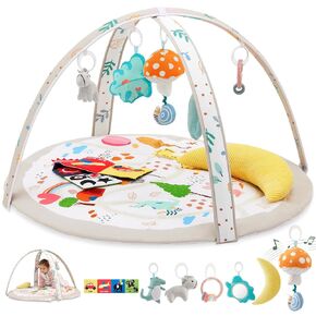 Baby Play Gym & Activity Mat, Soft Tummy Time Mat with 7 Detachable, Activity Gym with Musical, Mirror, Teething Ring, Sensory & Hanging for Newborn to Toddler Gifts