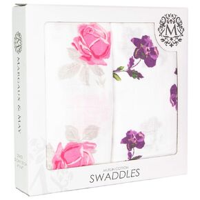 Margaux & May Muslin Swaddle Blankets 2 Pack - Large 47x47 Inches, Breathable Baby Blankets, Pink Purple Flowers - Newborn Essentials Must Haves
