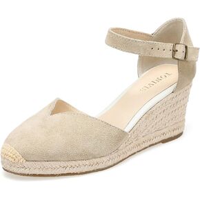 Platform Wedges Sandals for Women, 3" Wedge, Ankle-Strap, Cap Toe, Summer Espadrilles Heel Shoes