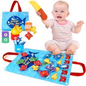 Toddler Toy Montessori Toys for 1 Year Old Boy Girl Birthday Gifts, Cloth Fishing Game for Toddlers 1-3 with Stacking Cups-Number Counting, Color Sorting, Shape Learning, Sensory Baby Gifts 6-12 Mths