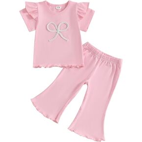 Infant Toddler Baby Girl Summer Outfit Bow Emboridery Ruffle Short Sleeve T-Shirt Bell Bottom Pants 2Pcs Clothes Set
