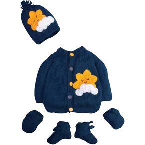 Hand Made 3 Piece Knitted Warm Cozy Baby Crochet Set- Newborn Toddler Wool Sweater Set Includes- Booties & Hat (6-12 Month, Navy Blue)