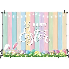 Colorful Wooden Happy Easter Backdrop Colorful Eggs Rabbit Green Grass Easter Party Decoration(210×150cm)