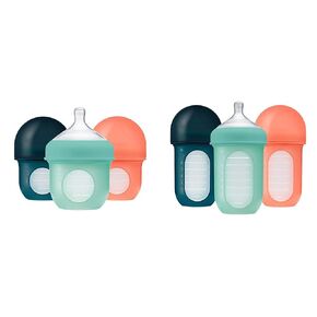 Boon Nursh Silicone Baby Bottles with Collapsible Pouch - Stage 1 Slow & Stage 2 Medium Flow - Mint - 3 & 8 Oz - 3 Count Each