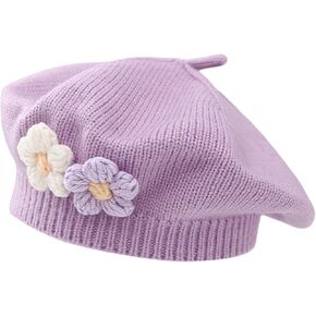 Baby Beret Hat Toddler Girls Winter Warm Knit Beanie French Artist Bonnet Cap with Cute Flower Accent