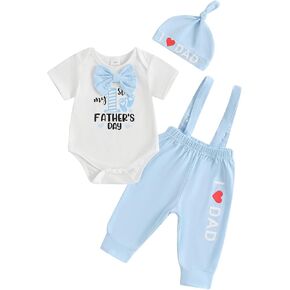Karuedoo My 1st Father's Day Baby Boy Outfit Short Sleeve Bowtie Romper I Love Dad Suspender Pants Hat 3 Piece Clothes Set