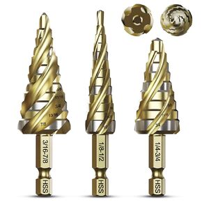 Step Drill Bit Set, 3PCS Four Spiral Flute Step Bits for Metal, HSS Drill Bits with 1/4" Hex Shank for Stainless Steel Aluminum Wood Plastic
