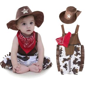 3PCS Cowboys Romper Outfit Set Baby Boy Suspenders Jumpsuit Overall Pants + Scarf + Hat
