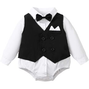 SOBOWO Infant Boys Collared Dress Shirt Vest Long Sleeve Button Up One-Piece Gentleman Romper Bodysuit Wedding Party Outfits