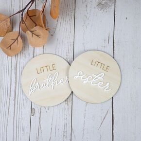 2PCS Wooden Gender Reveal Signs, Little Brother Little Sister Announcement Discs, 4 Inch Round Photo Props, Natural