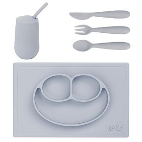ezpz Preschool Feeding Set 24m+ (Pewter) Happy Mat + Happy Utensils + Happy Cup + Straw training system Toddler Essentials
