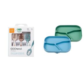 NumNum Feeding Littles, 3 Spoons, Neutrals Plus Suction Plates, 2 Pack, Blue/Green
