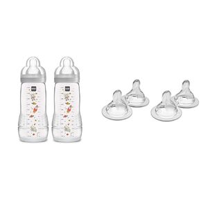 MAM Easy Active Bottle 11 oz (2-Count), Fast Flow Bottles, 4+ Month, Unisex, Gray & Bottle Nipples Fast Flow Nipple Level 3, for 4+ Months, SkinSoft Silicone Nipples
