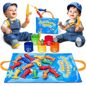 JoyCat Fishing Games for Toddlers 1-3, Montessori Toys for 1 Year Old Boy, Color Sorting Sensory, Number Counting,23PCS Baby Fish Toy Set, Easter Basket Stuffers, Birthday Gifts for 1+ Boys Girls