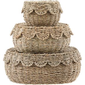 Set of 3 Scalloped Baskets with Lids Hand Woven 9.8/13/14.2 Inch Scalloped Wicker Storage Basket Nursery Room for Bread Picnic Table Bathroom Home Decoration (Sea Grass)