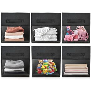 Frankie & Ivy Cube Storage Bins with Clear Front – Foldable 11" Organizers with Sturdier Front That Holds Shape for Daily Use – Sleek Black (6-Pack)