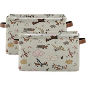 AUUXVA Storage Basket Vintage Retro Aircraft Airplane Shelf Basket Indoor Canvas Storage Bin Toys Organizer Box with Handles for Kids Room Kitchen Office Desk 2 Pcs