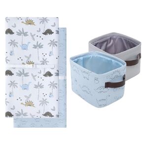 Dinosaur Nursery Hamper (2pk) and Dinosaur Changing Pad Cover Boys (2pk) Bundle, Baby Boy Nursery Decor, Blue Storage Basket and Dinosaur Changing Table Sheets (Blue Dinosaur Nursery)