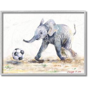 Stupell Industries Elephant Baby Playing Soccer Adorable Jungle Animal, Design by George Dyachenko Grey Framed Wall Art, 11 x 14