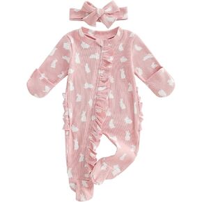KMBANGI Newborn Baby Boy Girl Easter Outfit Long Sleeve Bunny Footie Jumpsuit with Hat Infant Waffle One Piece Romper 0-6M