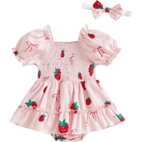 Baby Girl Outfit Short Sleeve Square Neck Smocked Strawberry Bow Print Bubble Romper Dress Newborn Girls Clothes Summer