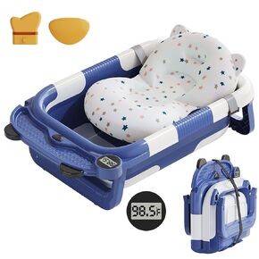 Collapsible Baby Bathtub for Newborn with Real-time Temp Monitor + Soft Floating Cushion Durable Foldable Baby Tubs for Infants to Toddler, Portable Travel Bathtub with Drain Hole Navy Blue