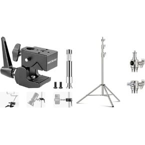 NEEWER UA017 Super Clamp with 5/8" Stud, 2.4" Jaw Grip Heavy Duty Crab Pole Clamp for Round Pipe Flat Surface, for Photography Studio Camera Lighting Mounting, 9.2ft Light Stand Included