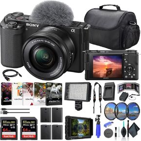 Sony ZV-E10 Mirrorless Camera with 16-50mm Lens Black ILCZV-E10L/B, 4K Monitor, 2 x 64GB Memory Card, Filter Kit, LED Light, External Charger, 3 x NPF-W50 Battery, Card Reader, and More