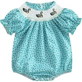 Newborn Baby Girl Hunting Clothes Embroidery Duck Romper Smocked Puff Short Sleeve Camo/Striped/Plaid Bubble Bodysuit in Kuwait