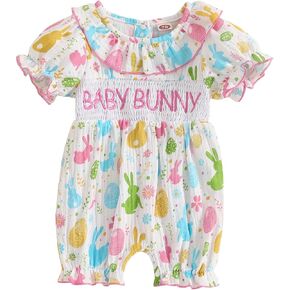 Baby Girl Easter Outfit Newborn Smocked Bubble Romper Bunny Eggs Print Jumpsuit Bodysuit Cute Easter Summer Clothes