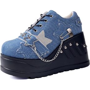 أحذية الكاحل مكتنزة القوطية للنساء - منصة BAT Buckle DIY ، Zip Round Toe Lace Up Combat Bootie ، Wedge Rave Boots Black Punk Shoes - Light Weight & Waterproof