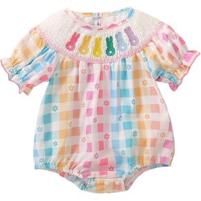 Noubeau Newborn Baby Girl Easter Outfit Infant Smocked Romper Eggs Bunny Embroidery Floral Print Bodysuit Summer Clothes