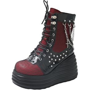 Goth Chunky Ankle Boots for Women - Bat Buckle DIY Platform,Zip Round Toe Lace Up Combat Bootie, Wedge Rave Boots Black Punk Shoes - Light Weight & Waterproof in Saudi Arabia