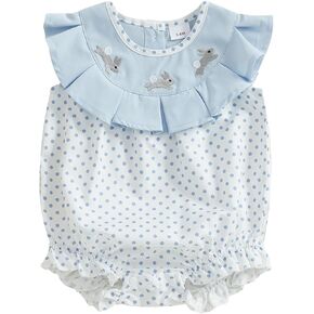 My First Easter Baby Girl Outfit Ruffles Bunny Embroidery Dot Print Smocked Romper Sleeveless One Piece Jumpsuit