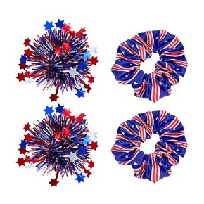4PCS 4th of July Accessories,July 4th Patriotic Pom Pom Hair Clips and American Flag Hair Scrunchies,Barrette Glitter Red White Blue Decor Accessories Independence Day Memorial Day Hair Decorations