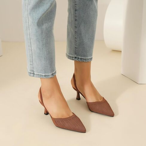 Enelauge Women's Low Kitten Heel Knit Pumps with Elastic Ankle Strap Pointed Closed Toe Slingback Comfortable Dress Wedding Shoes in Saudi Arabia