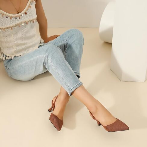 Enelauge Women's Low Kitten Heel Knit Pumps with Elastic Ankle Strap Pointed Closed Toe Slingback Comfortable Dress Wedding Shoes in Saudi Arabia