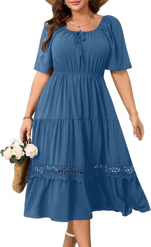 RWJ Women's Plus Size Maxi Dress Short Sleeve Square Neck Flowy A-Line Lace Trim Flutter Party Casual Off Shoulder Dresses in Saudi Arabia