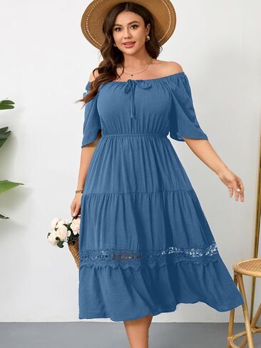 RWJ Women's Plus Size Maxi Dress Short Sleeve Square Neck Flowy A-Line Lace Trim Flutter Party Casual Off Shoulder Dresses in Saudi Arabia