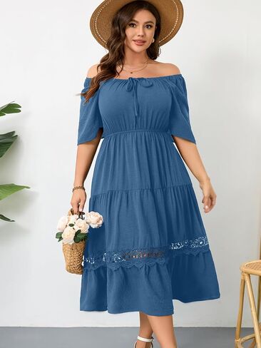 RWJ Women's Plus Size Maxi Dress Short Sleeve Square Neck Flowy A-Line Lace Trim Flutter Party Casual Off Shoulder Dresses in Saudi Arabia