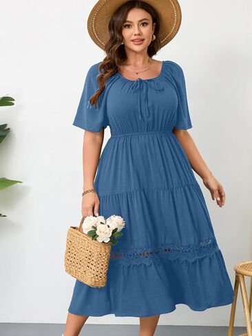 RWJ Women's Plus Size Maxi Dress Short Sleeve Square Neck Flowy A-Line Lace Trim Flutter Party Casual Off Shoulder Dresses in Saudi Arabia