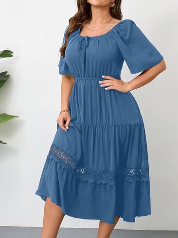 RWJ Women's Plus Size Maxi Dress Short Sleeve Square Neck Flowy A-Line Lace Trim Flutter Party Casual Off Shoulder Dresses in Saudi Arabia