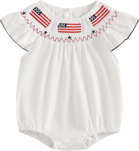 Newborn Baby Girl 4th of July Outfit American Flag Smocked Bubble Romper Plaid Fly Sleeve Bodysuit Patriotic Clothes in Saudi Arabia