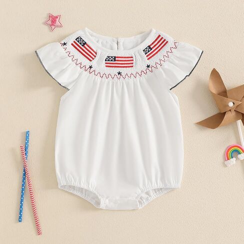 Newborn Baby Girl 4th of July Outfit American Flag Smocked Bubble Romper Plaid Fly Sleeve Bodysuit Patriotic Clothes in Saudi Arabia