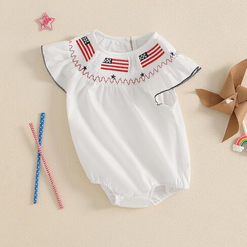 Newborn Baby Girl 4th of July Outfit American Flag Smocked Bubble Romper Plaid Fly Sleeve Bodysuit Patriotic Clothes in Saudi Arabia
